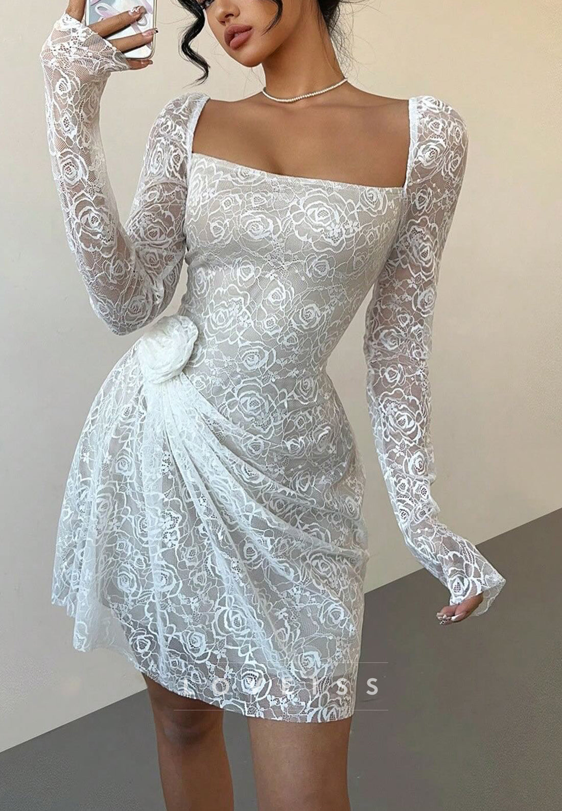 Square Long Sleeves Lace Appliques Ruched A-Line Party Homecoming Dress