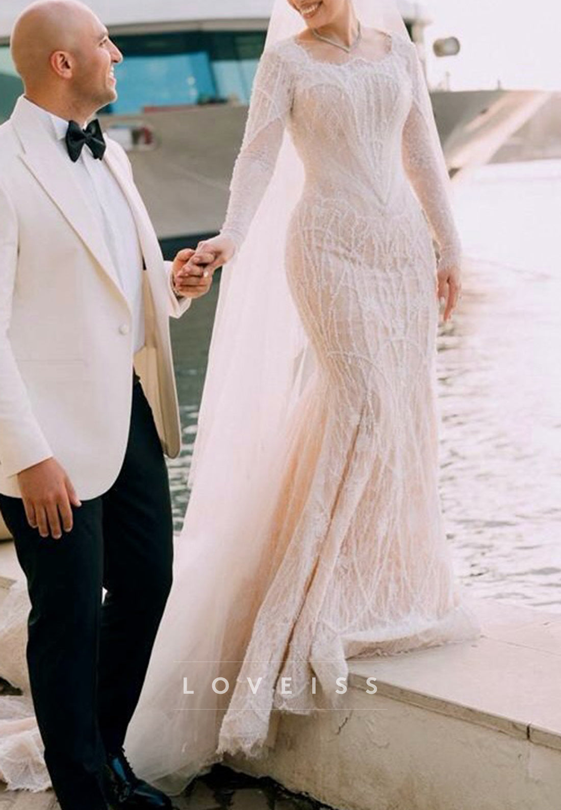 Square Long Sleeves Mermaid Beaded Embroidery Mermaid Wedding Dress