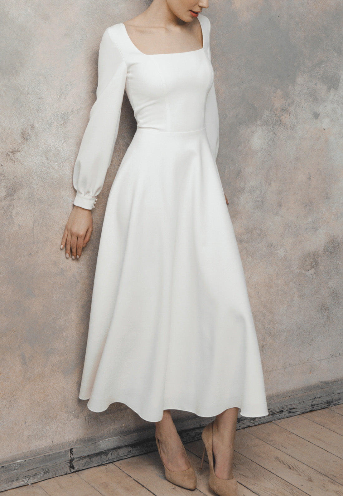 Square Long Sleeves Pleated A-Line Beach Wedding Dress