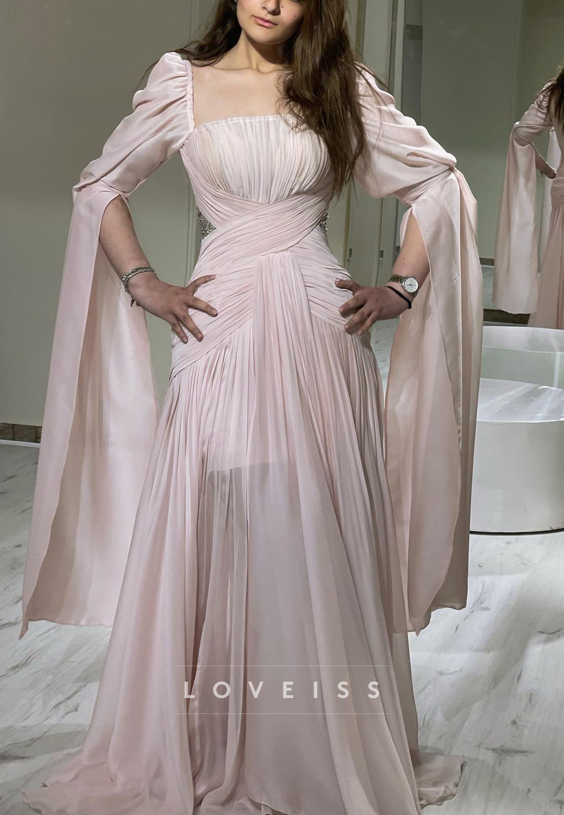 Square Long Sleeves Pleated Beaded A-Line Prom Dress