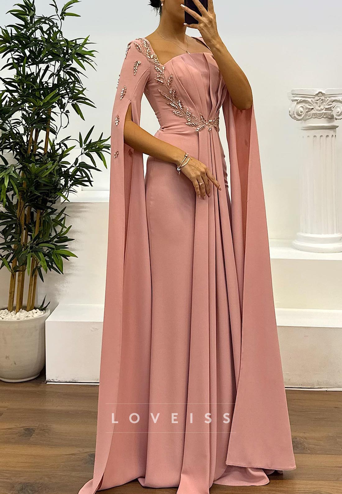 Square Long Sleeves Pleated Beaded Formal Dress