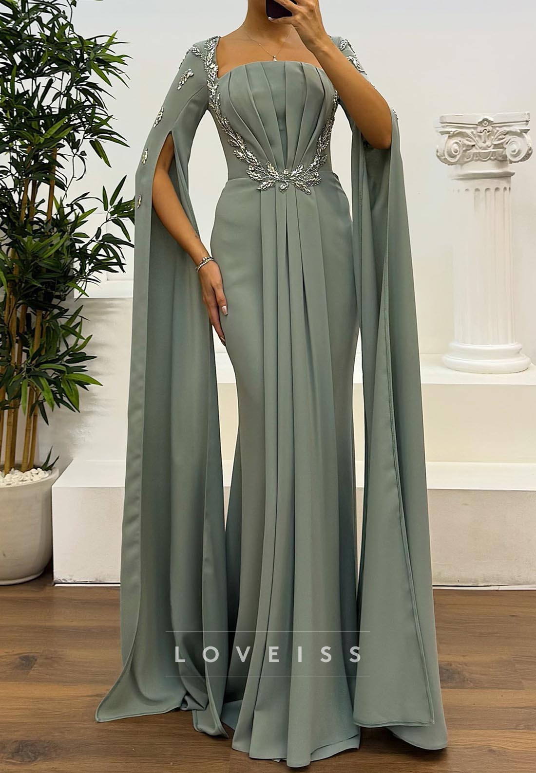 Square Long Sleeves Pleated Beaded Formal Dress