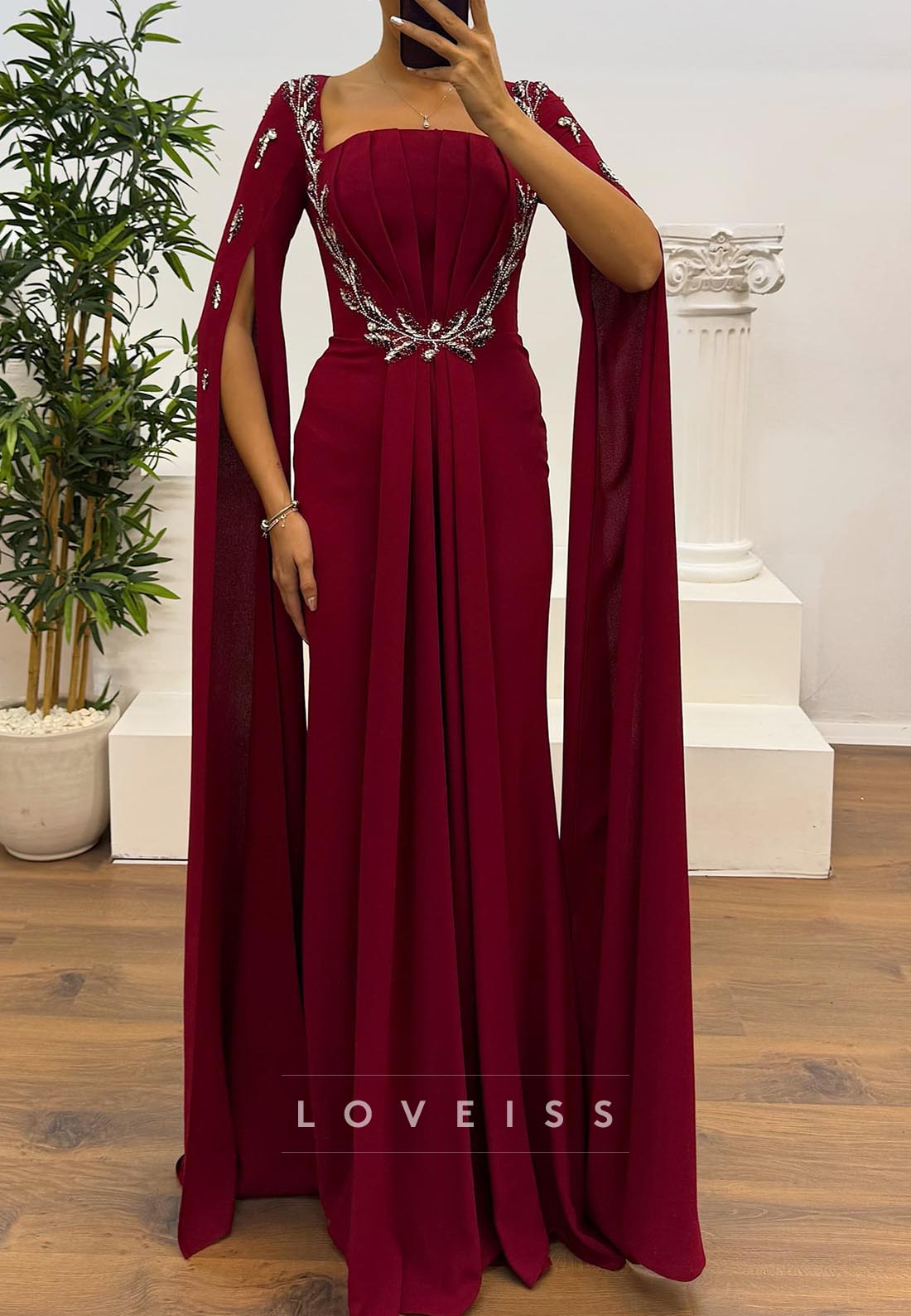 Square Long Sleeves Pleated Beaded Formal Dress