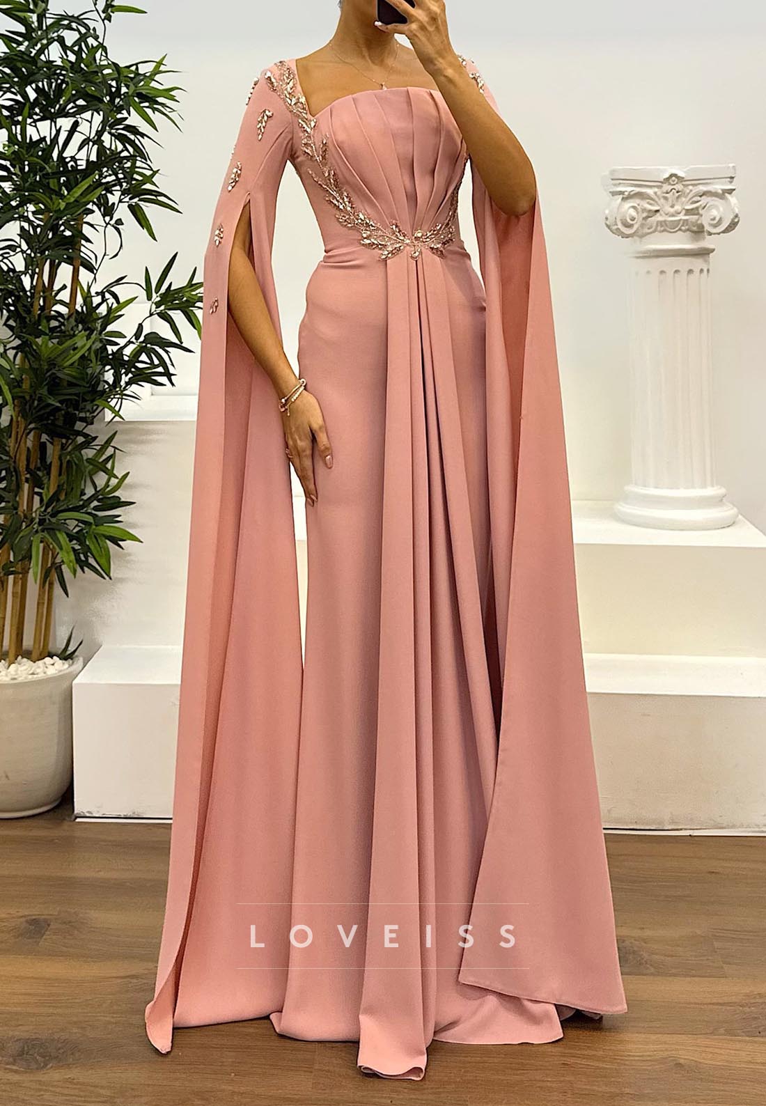Square Long Sleeves Pleated Beaded Formal Dress