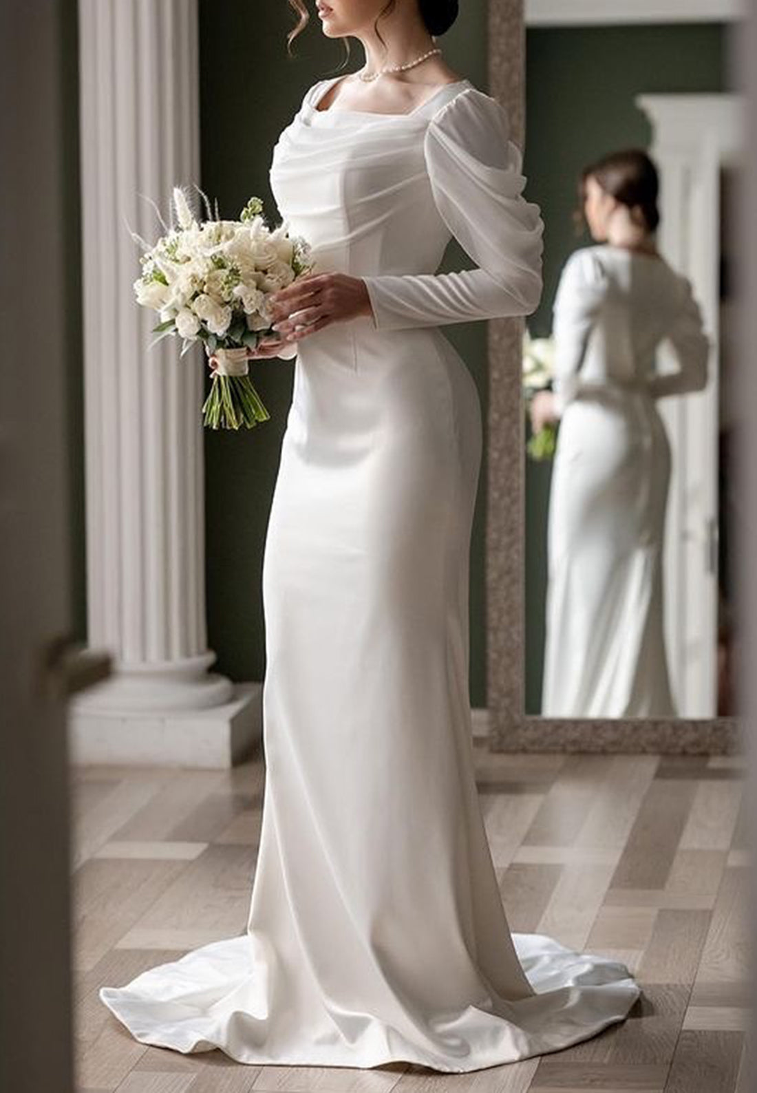 Square Long Sleeves Sleek Mermaid Classic Wedding Dress