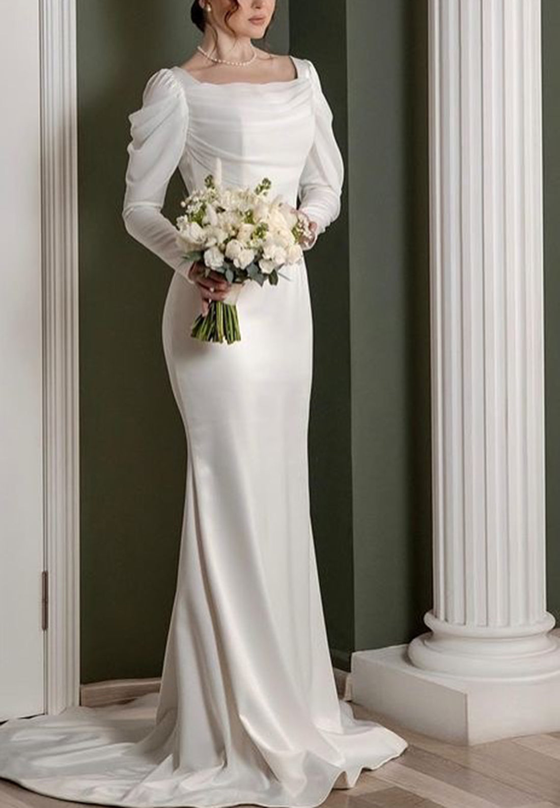 Square Long Sleeves Sleek Mermaid Classic Wedding Dress