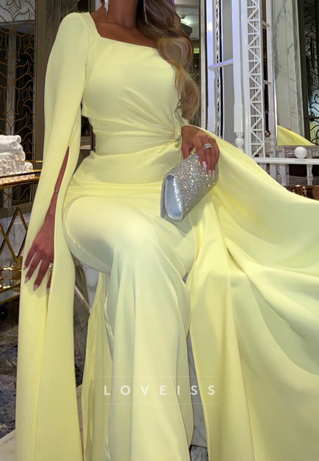 Square Long Sleeves Sleek Mermaid Formal Dress
