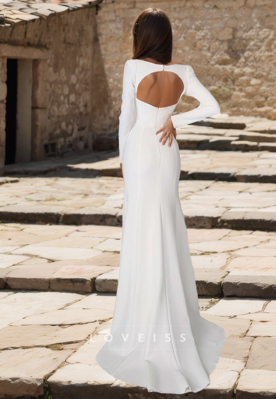 Square Long Sleeves Sleek Mermaid Simple Wedding Dress