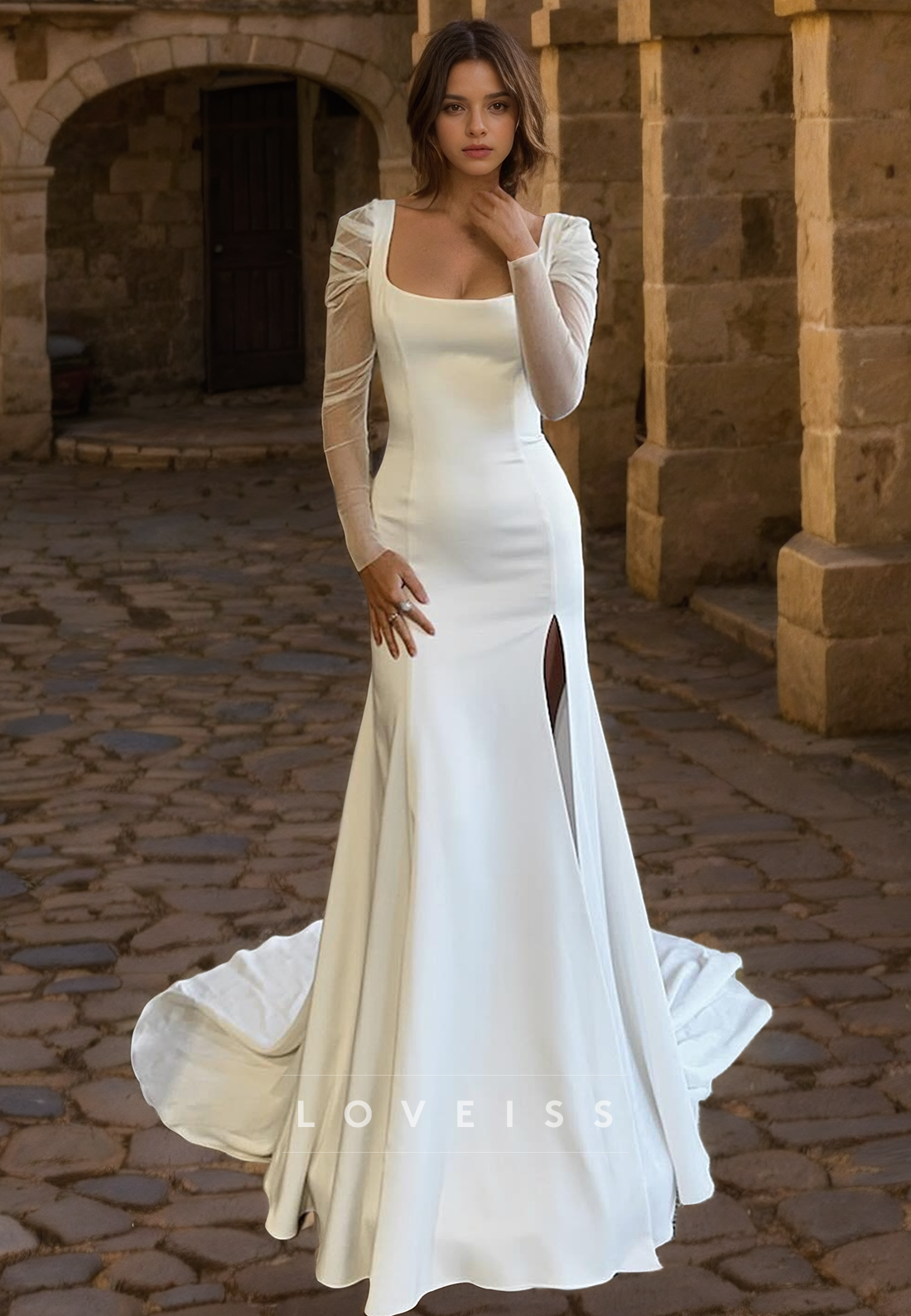 Square Long Sleeves Sleek Mermaid Wedding Dress