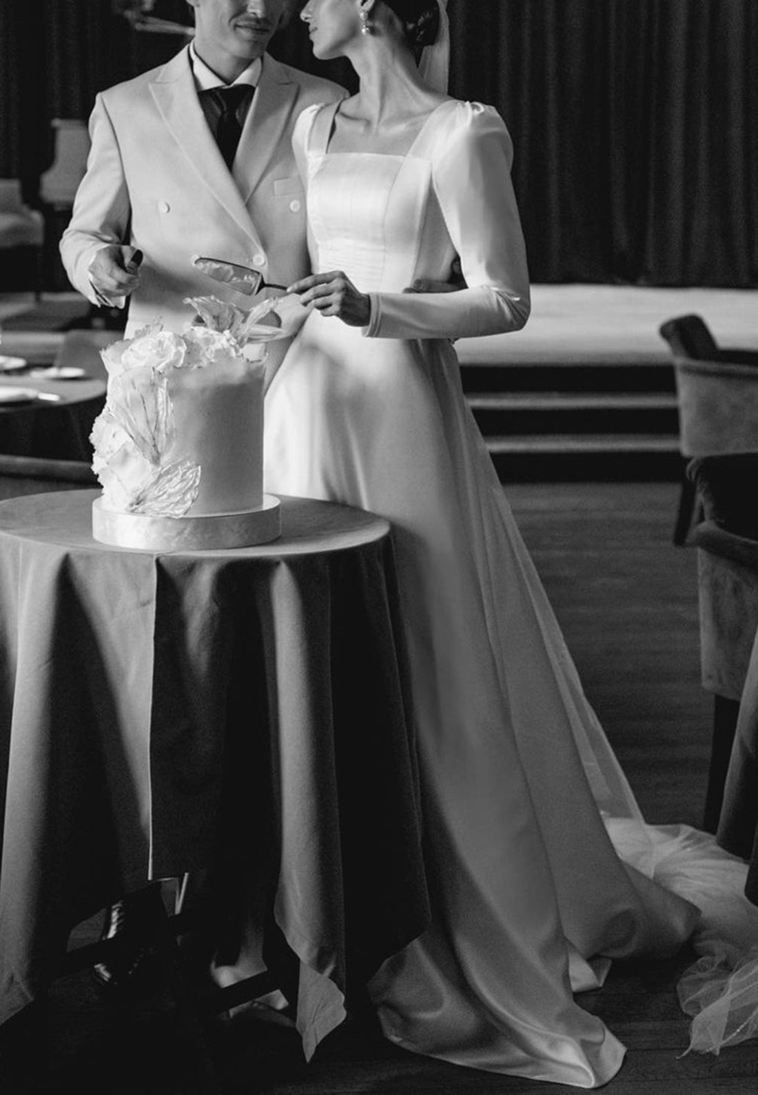 Square Long Sleeves Sleek Pleated A-Line Classic Wedding Dress