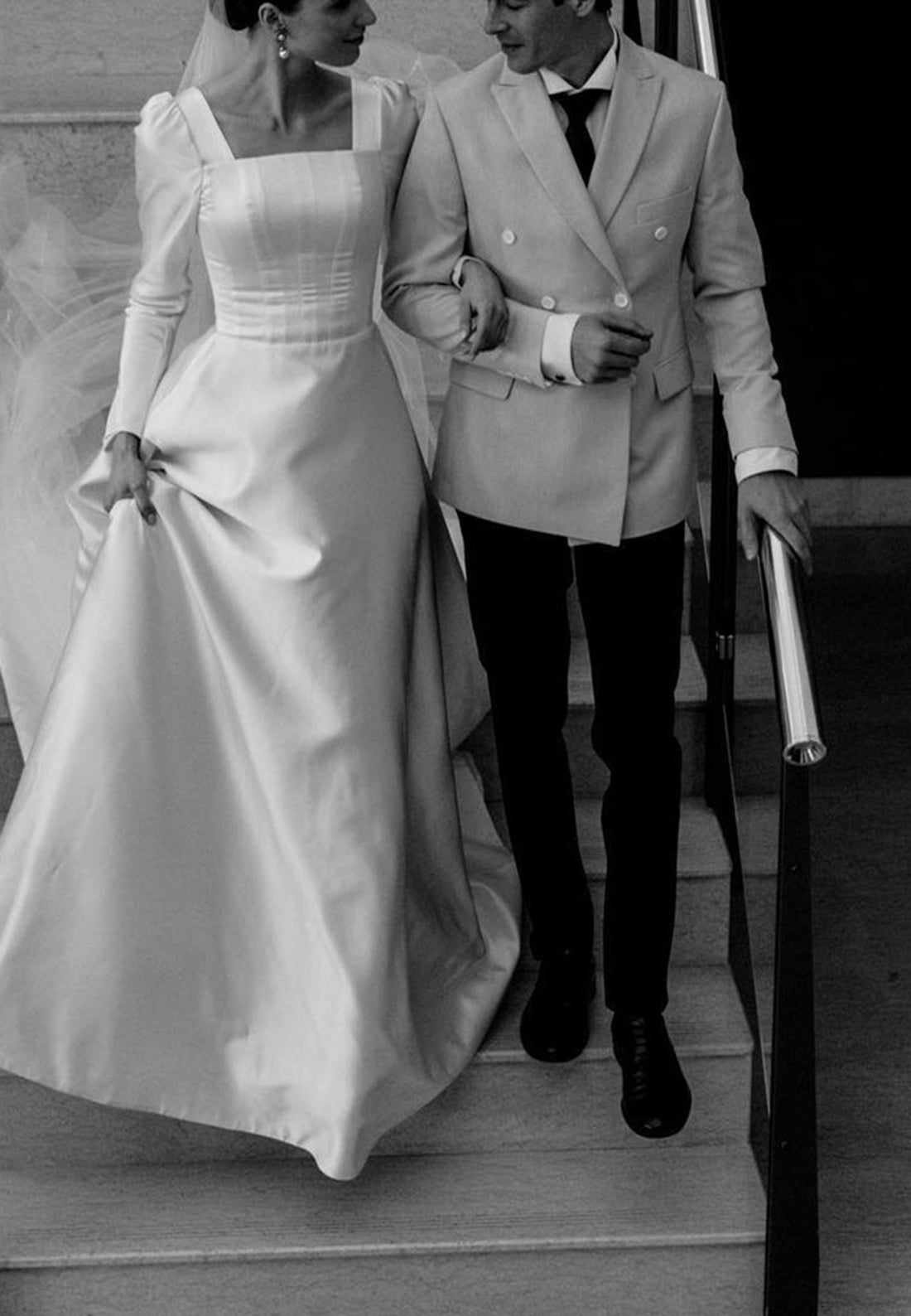 Square Long Sleeves Sleek Pleated A-Line Classic Wedding Dress