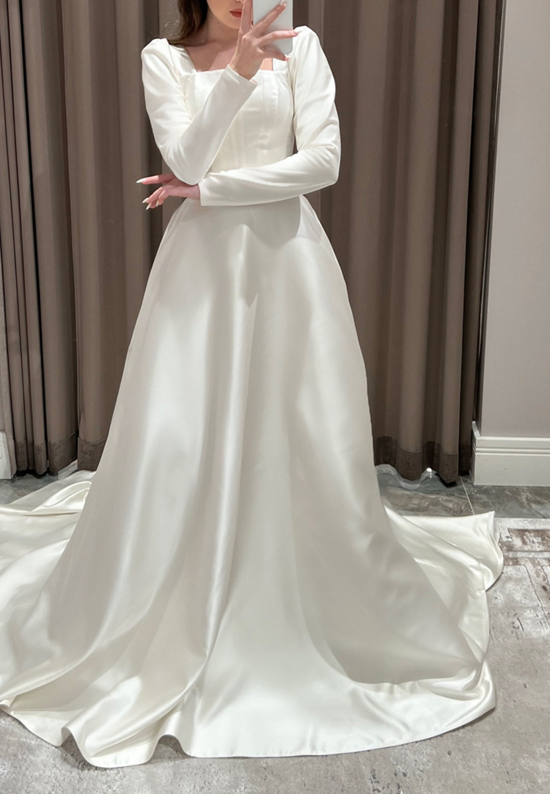 Square Long Sleeves Sleek Pleated A-Line Classic Wedding Dress