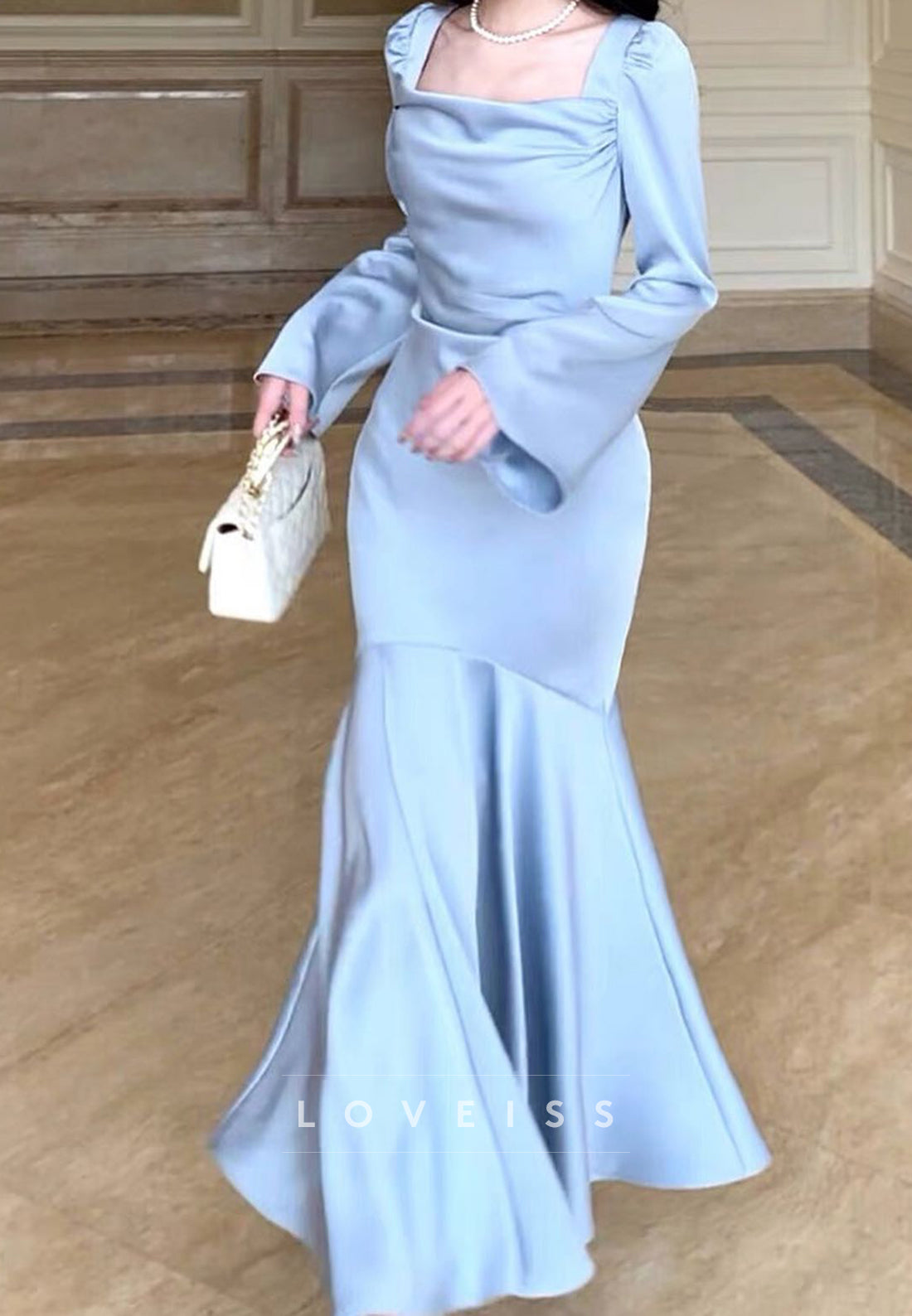 Square Long Sleeves Sleek Pleated Mermaid Formal Dress