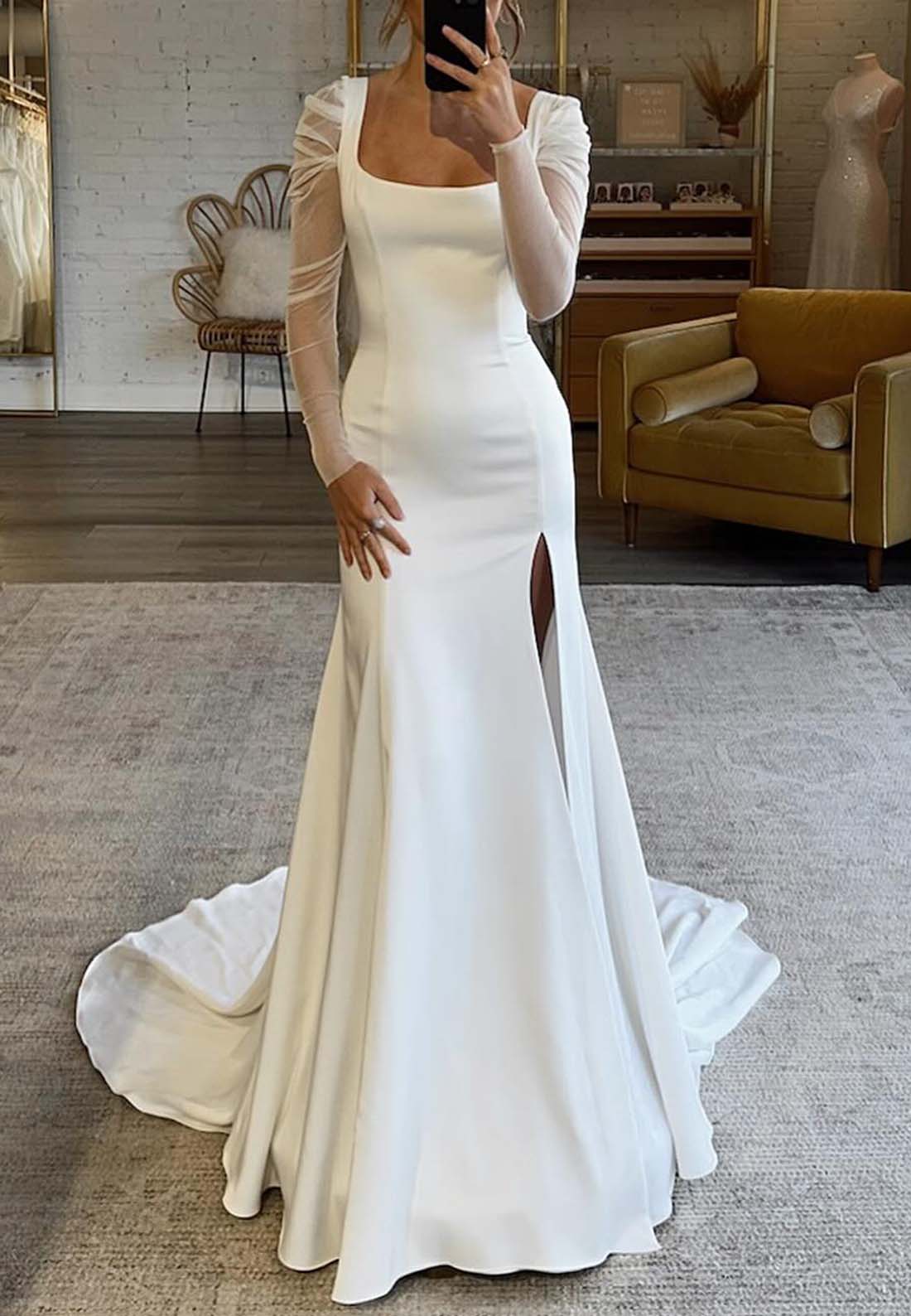 Square Long Sleeves Sleek Mermaid Wedding Dress