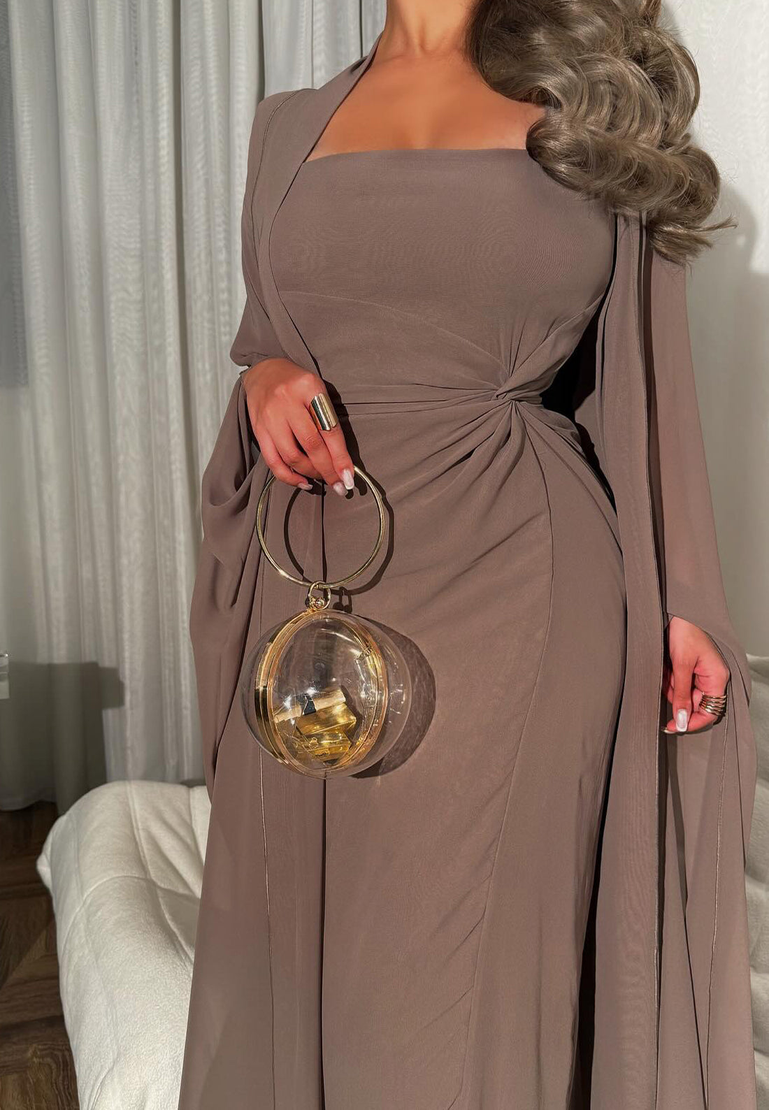 Square Long Sleeves Sleek Sheath Chiffon Evening Dress