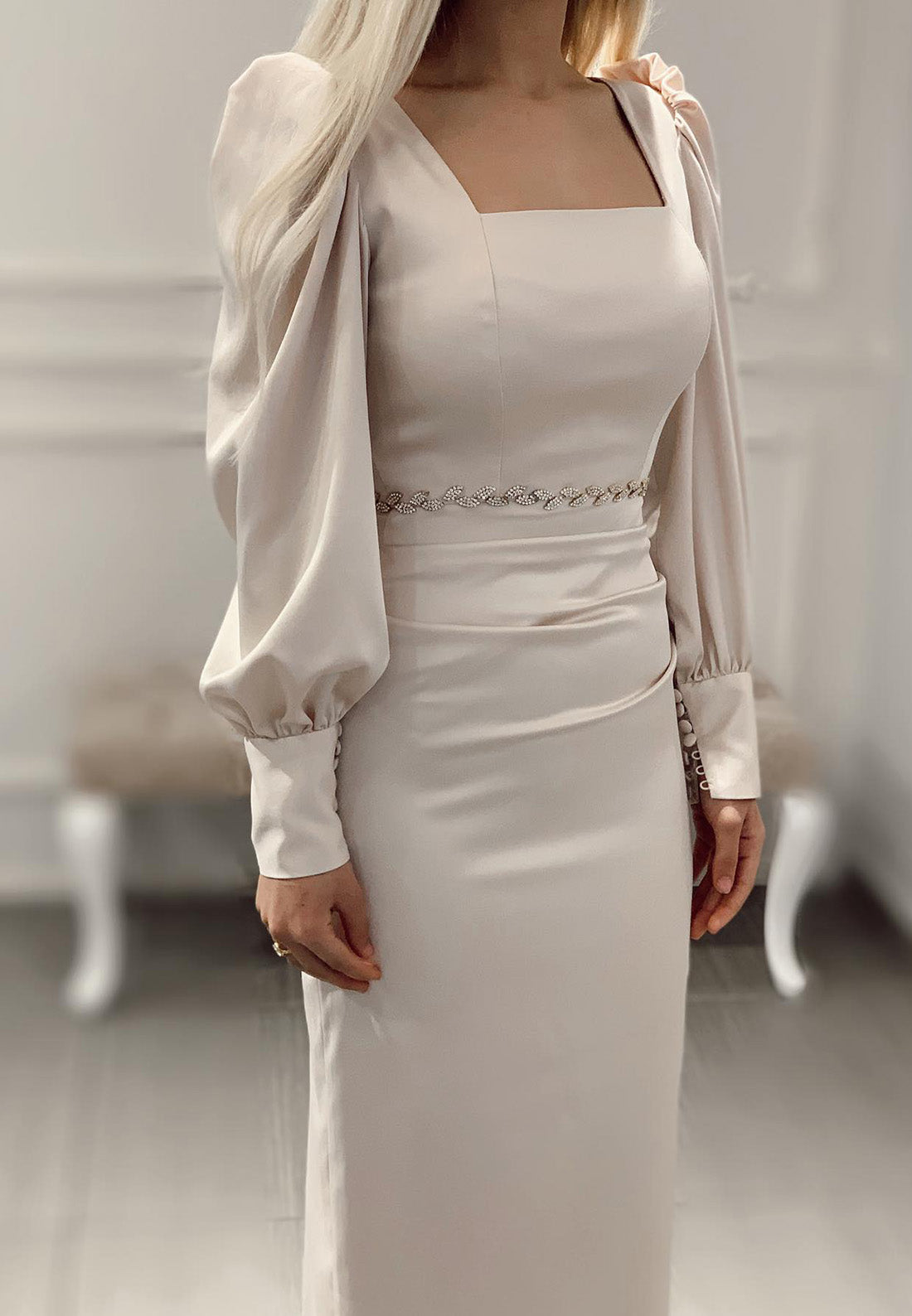 Square Long Sleeves Sleek Sheath Mother of Bride Dress
