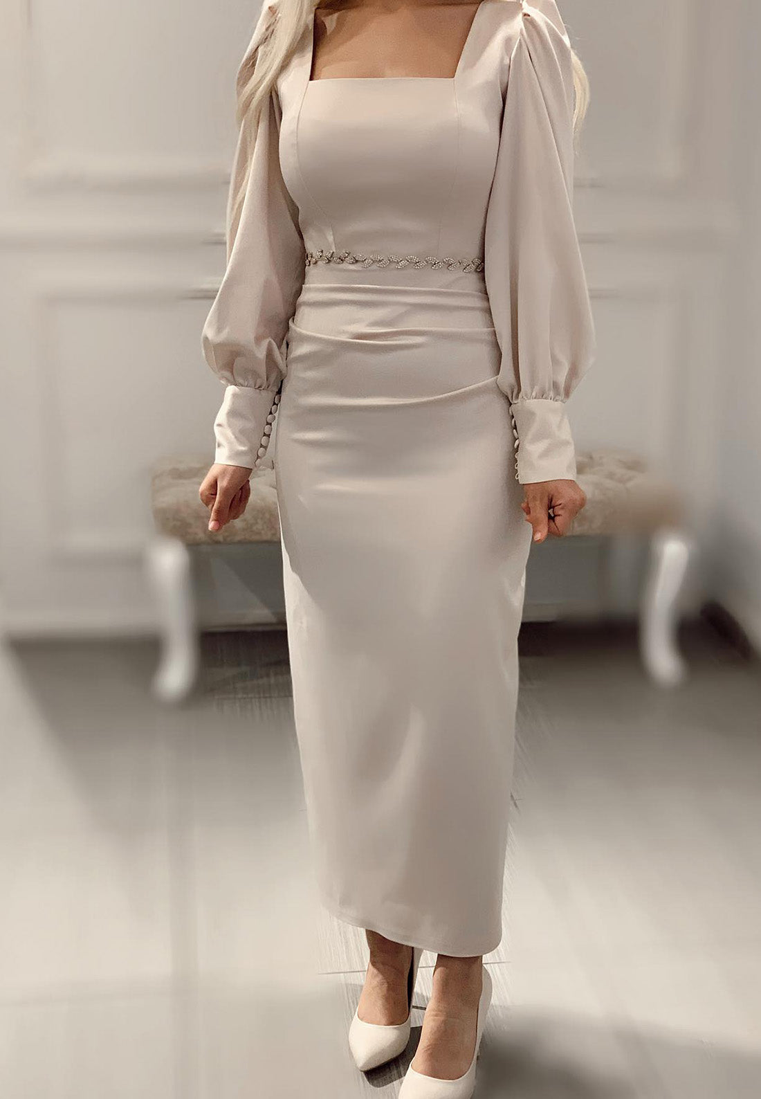 Square Long Sleeves Sleek Sheath Mother of Bride Dress