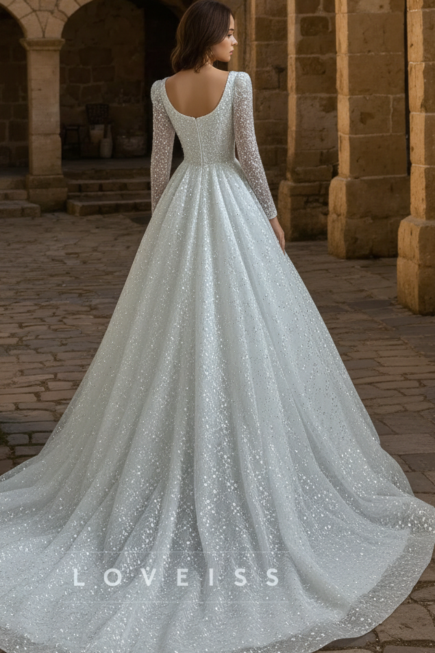 Square Long Sleeves Sparkly Ball Gown A-Line Wedding Dress