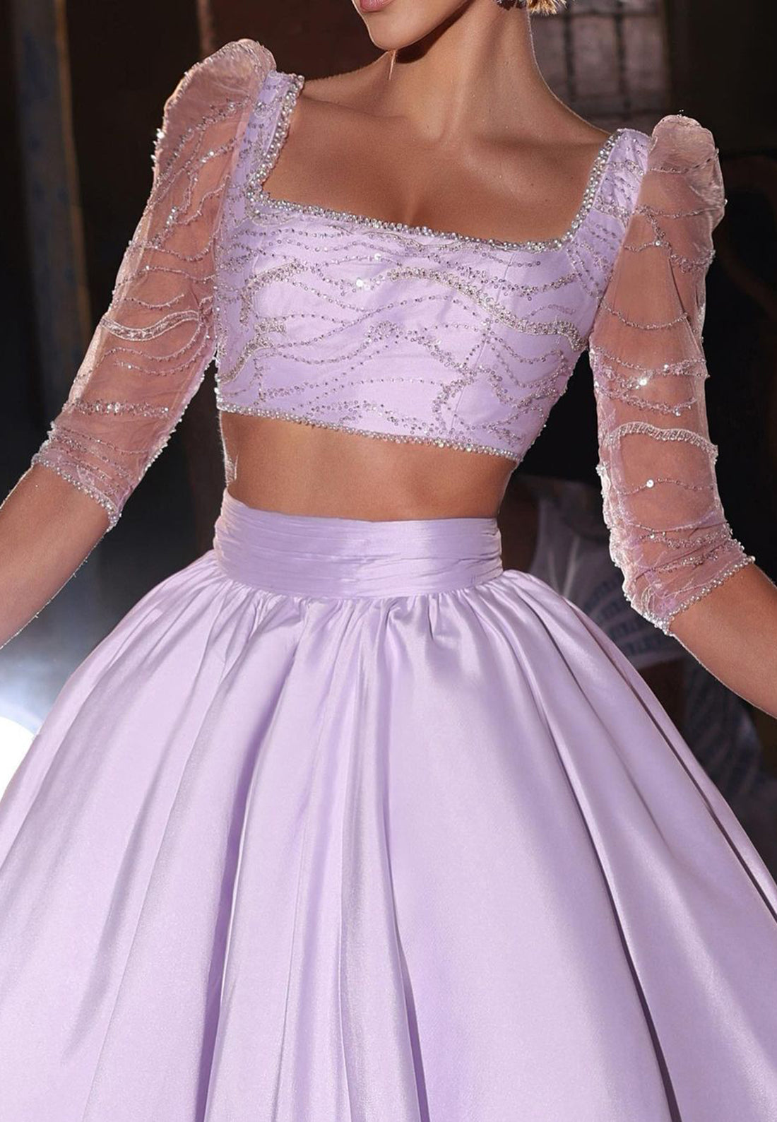 Square Long Sleevs Two Piece Beaded Emboridery Pleated A-Line Evening Dress