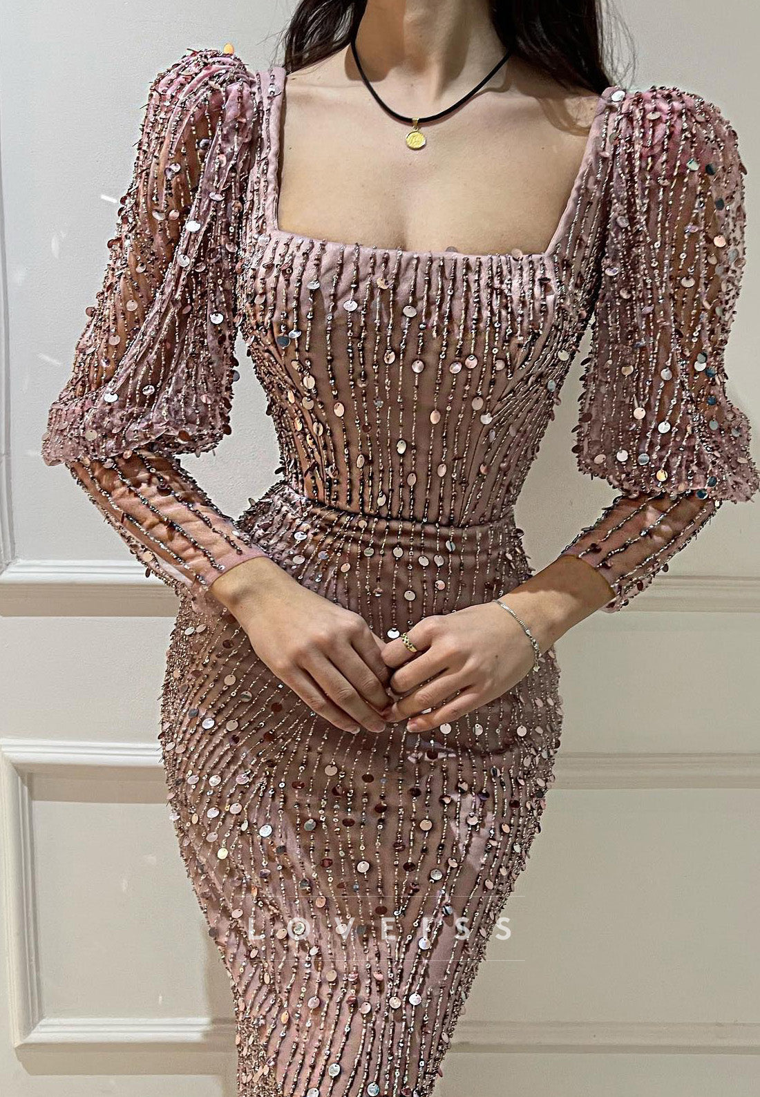 Square Puff Sleeves Beaded Sparkly Mermaid Prom Dress