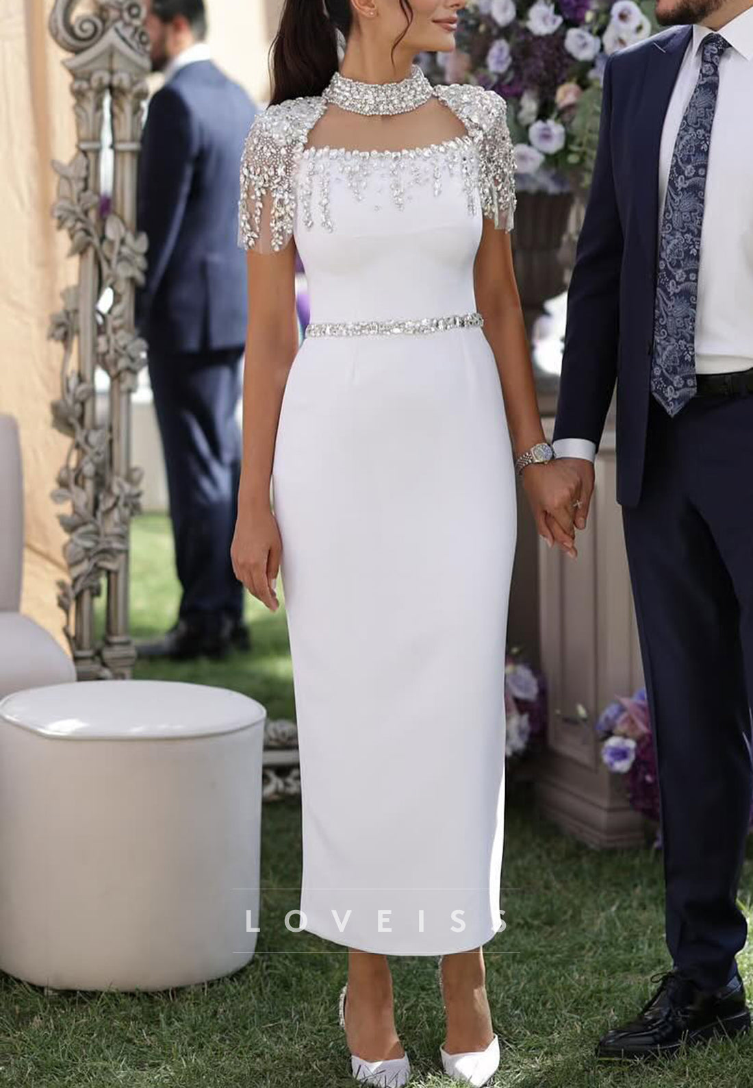 Square Short Sleeves Beaded Sheath Midi Wedding Dress