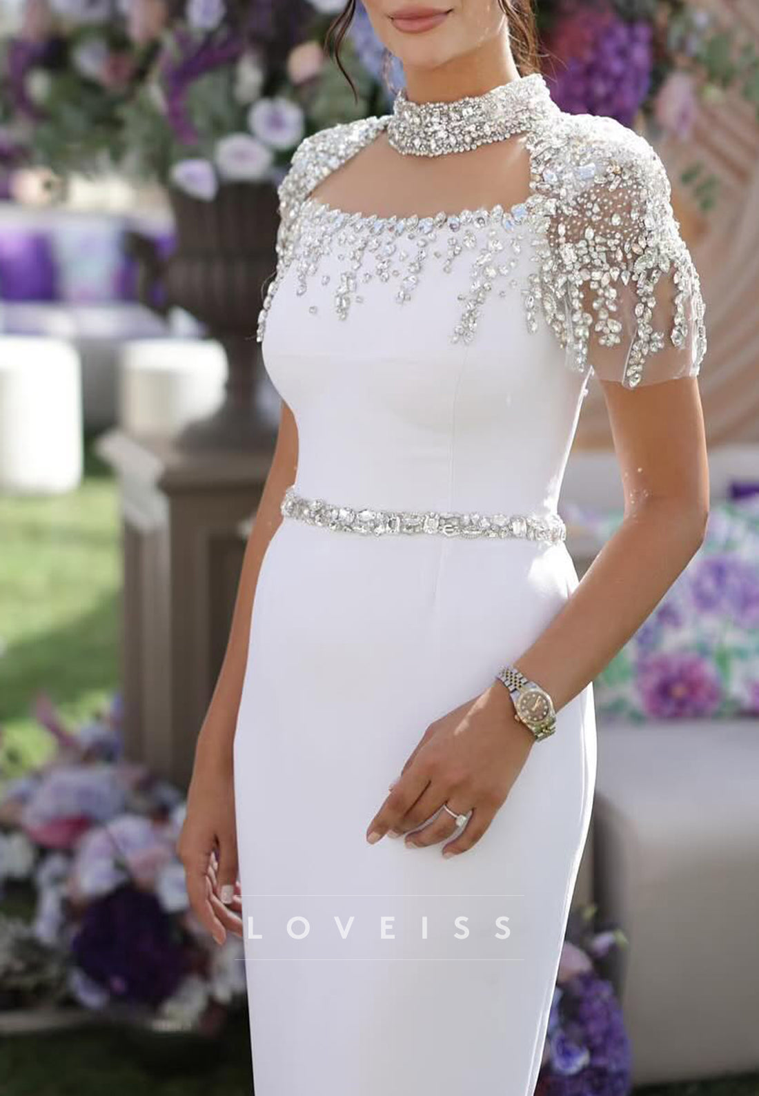 Square Short Sleeves Beaded Sheath Midi Wedding Dress