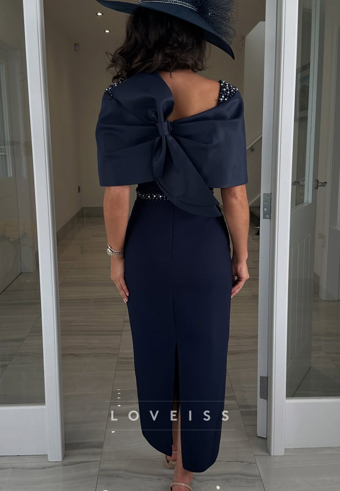 Square Short Sleeves Beaded Sleek Sheath Mother of Bride Dress