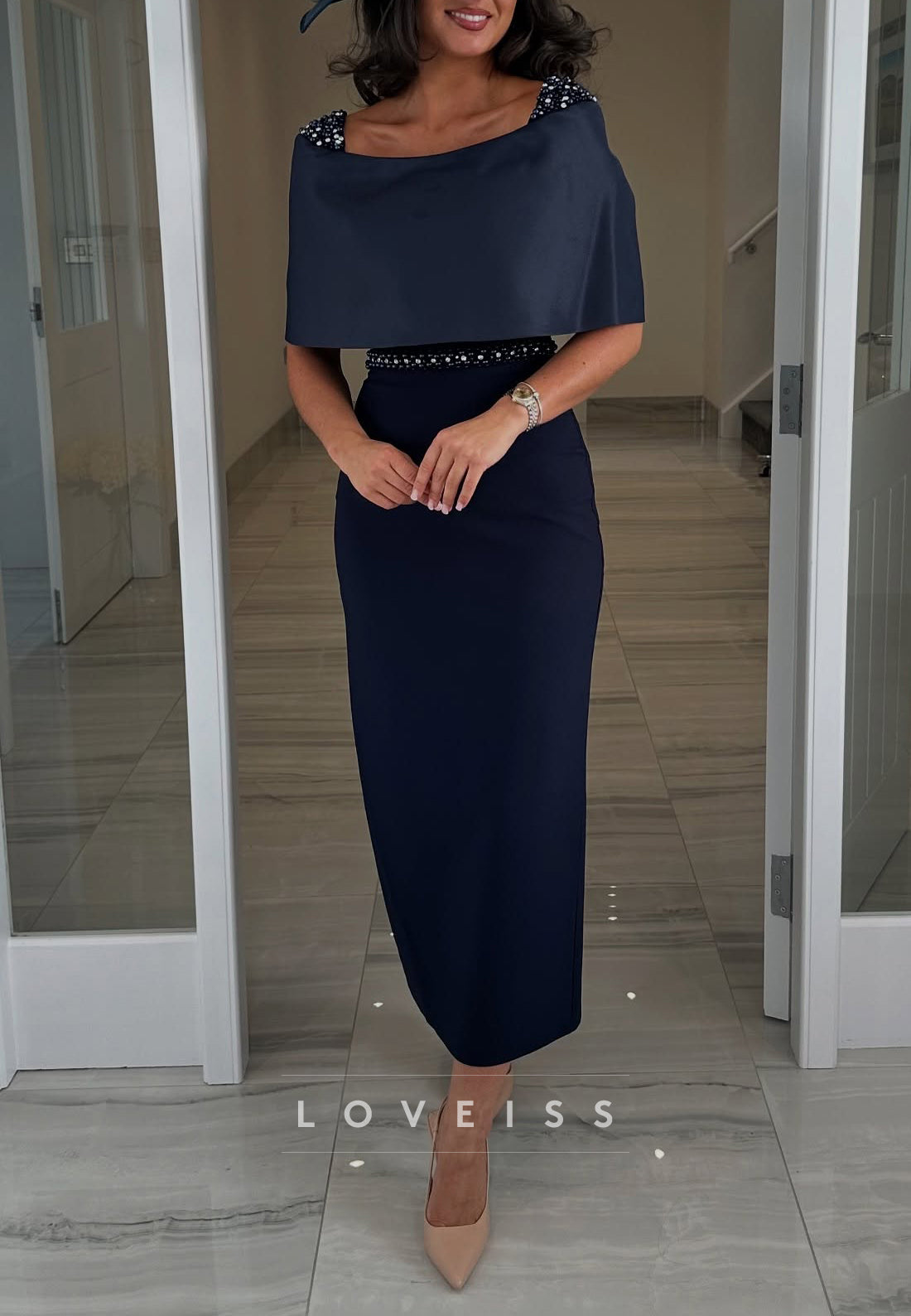 Square Short Sleeves Beaded Sleek Sheath Mother of Bride Dress