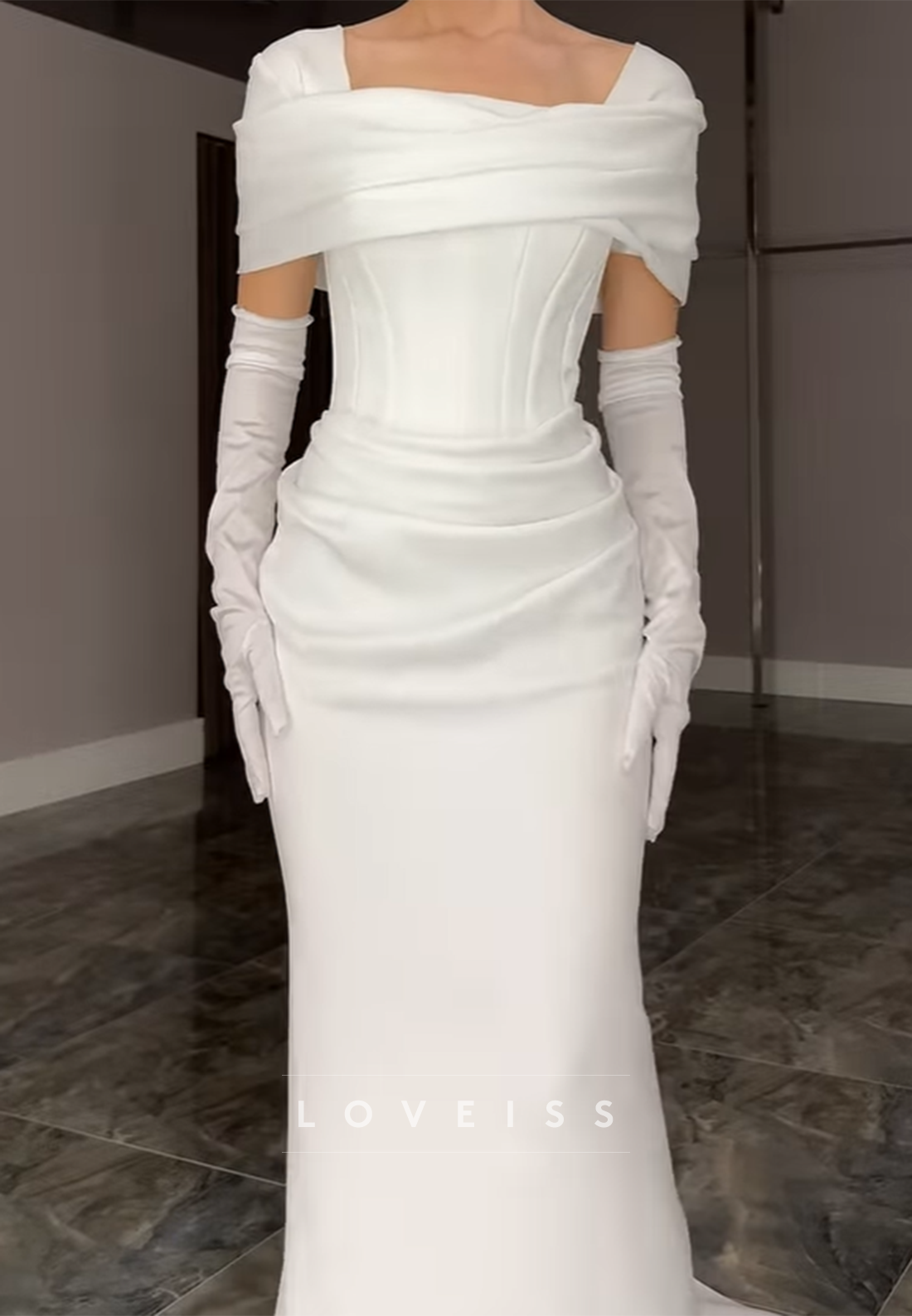 Square Short Sleeves Pleated Sleek Satin Sheath Wedding Dress