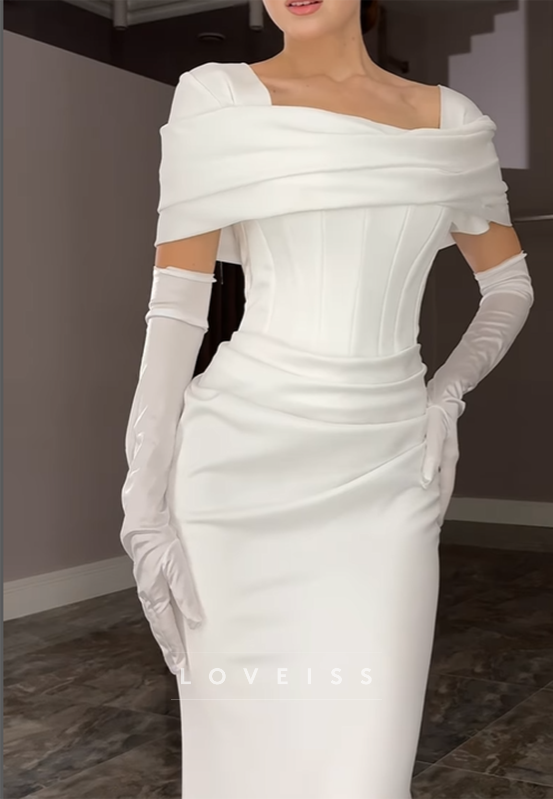 Square Short Sleeves Pleated Sleek Satin Sheath Wedding Dress