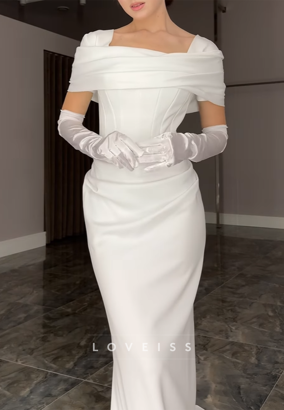 Square Short Sleeves Pleated Sleek Satin Sheath Wedding Dress