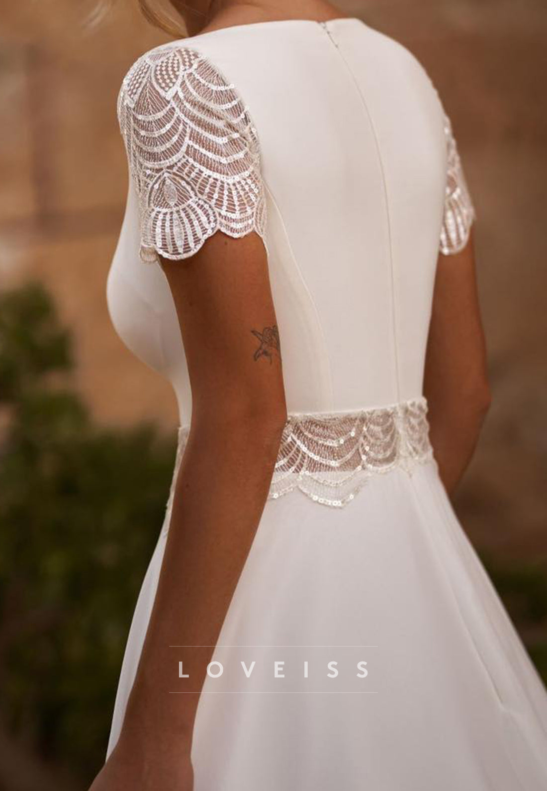 Square Short Sleeves Sleek A-Line Boho Wedding Dress