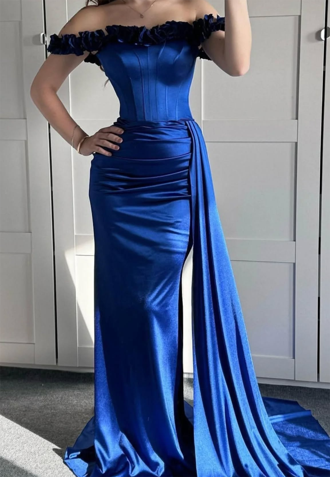 Square Sleeveless 3D Floral Ruched Sheath Prom Dress