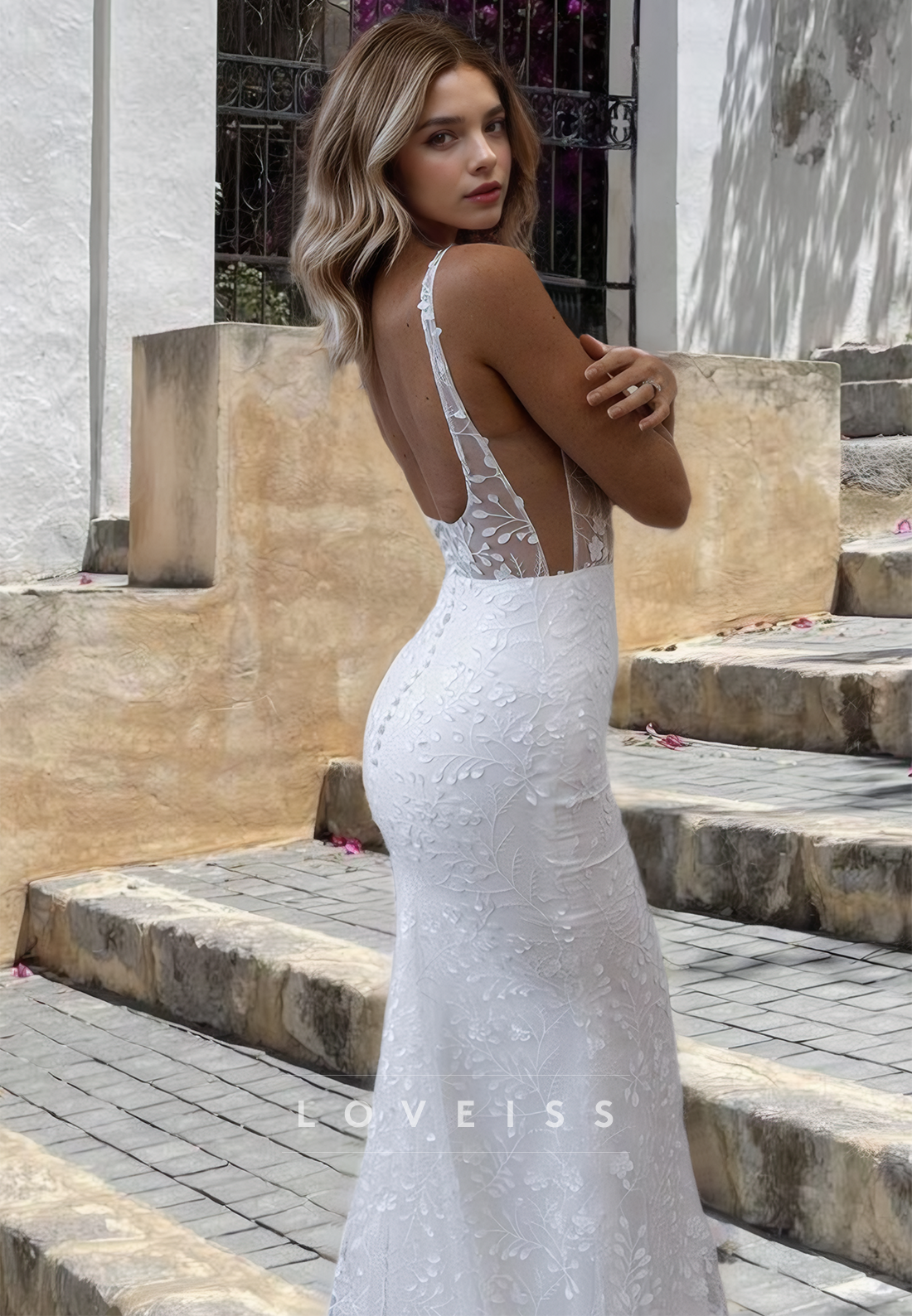 Square Sleeveless Appliques Backless Mermaid Beach Wedding Dress