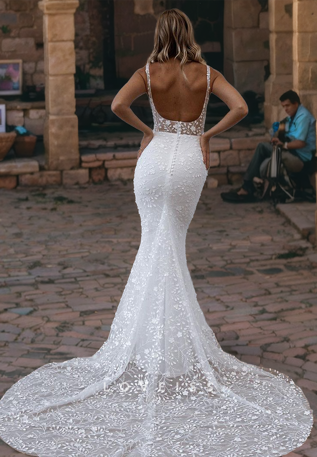 Square Sleeveless Appliques Backless Mermaid Beach Wedding Dress