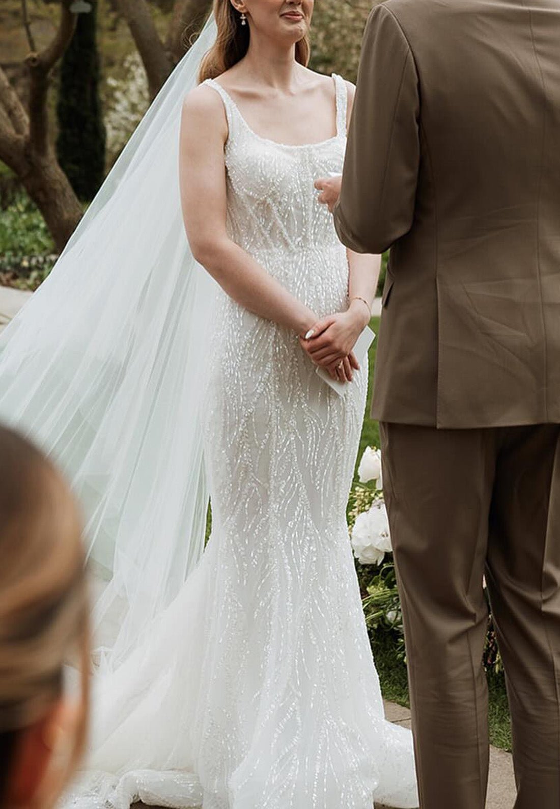 Square Sleeveless Beaded Embroidery Sparkly Mermaid Wedding Dress