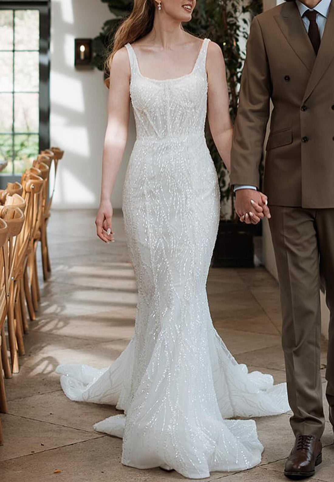 Square Sleeveless Beaded Embroidery Sparkly Mermaid Wedding Dress