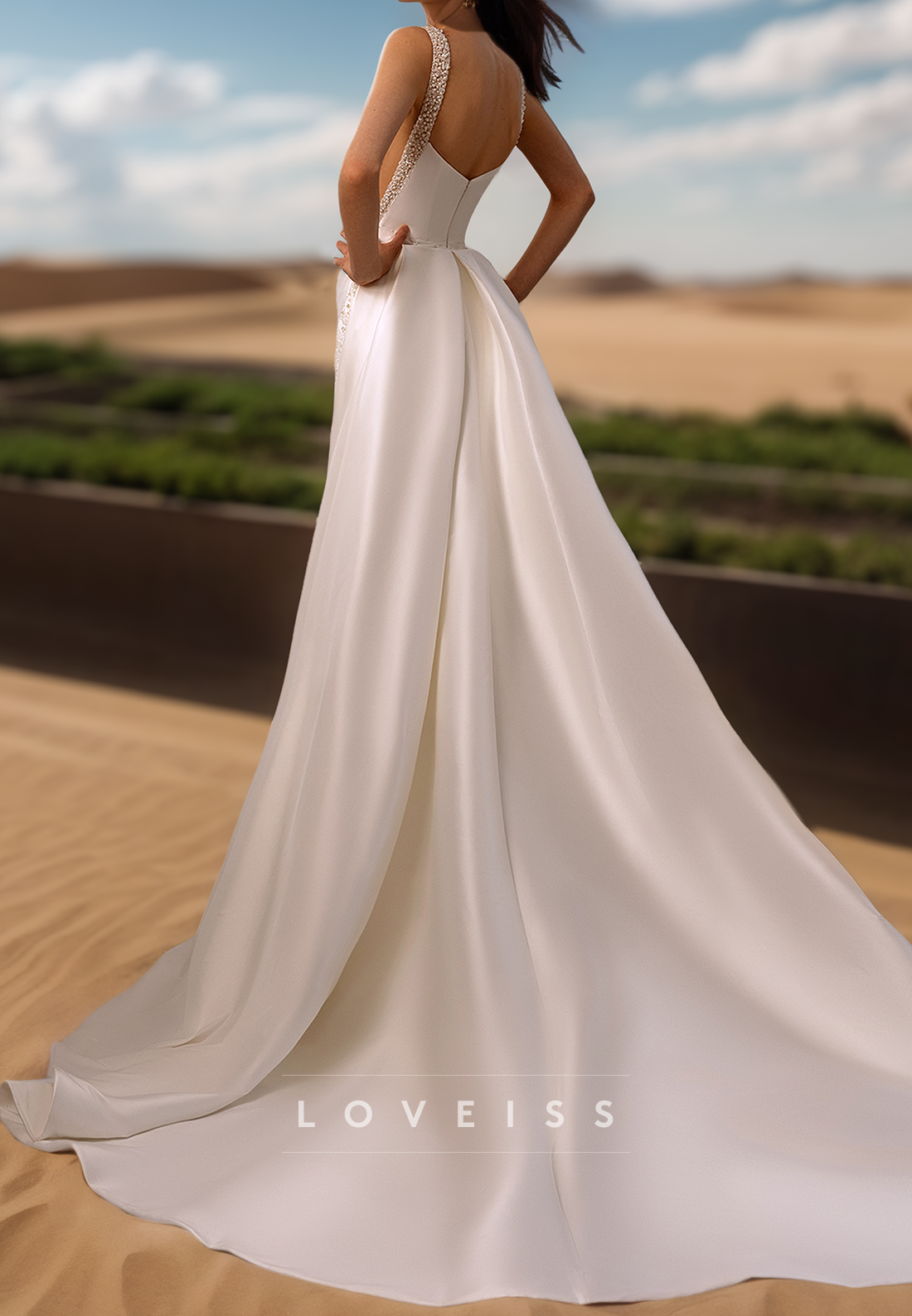 Square Sleeveless Beaded Pleated Satin Sheath Wedding Dress