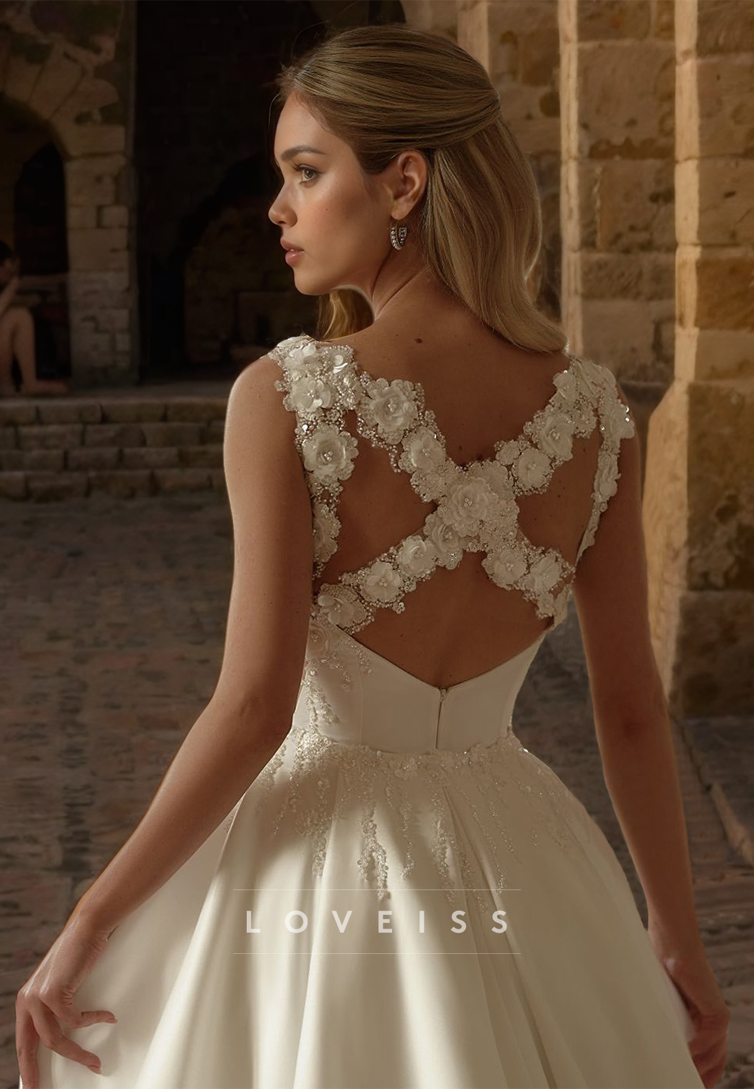 Square Sleeveless Floral Embellished Ruched Beach Wedding Dress