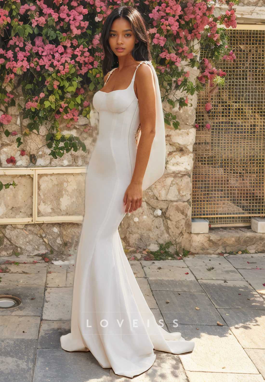 Square Sleeveless Open Back Mermaid Beach Wedding Dress