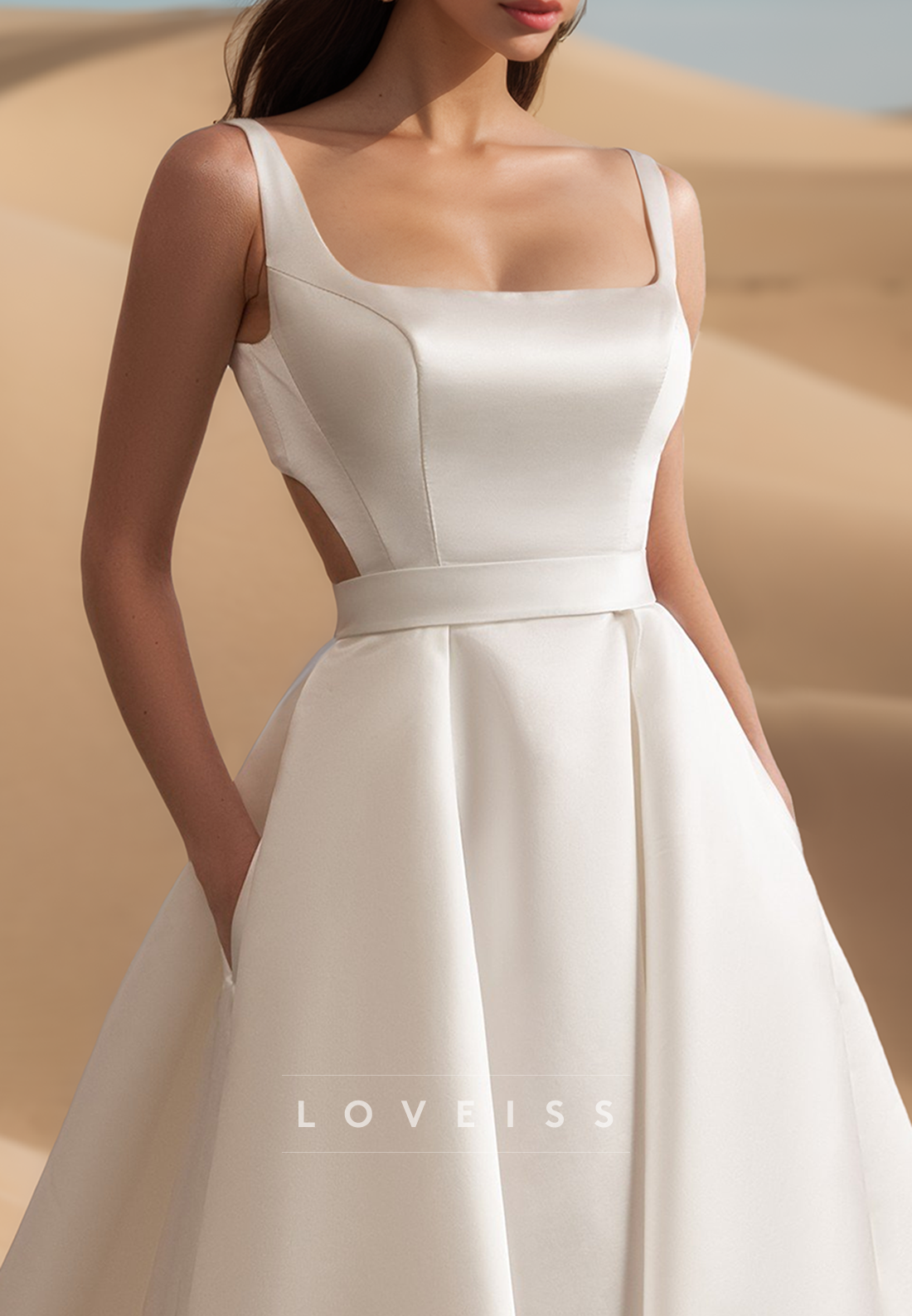 Square Sleeveless Sleek Satin A-Line Simple Classic Wedding Dress