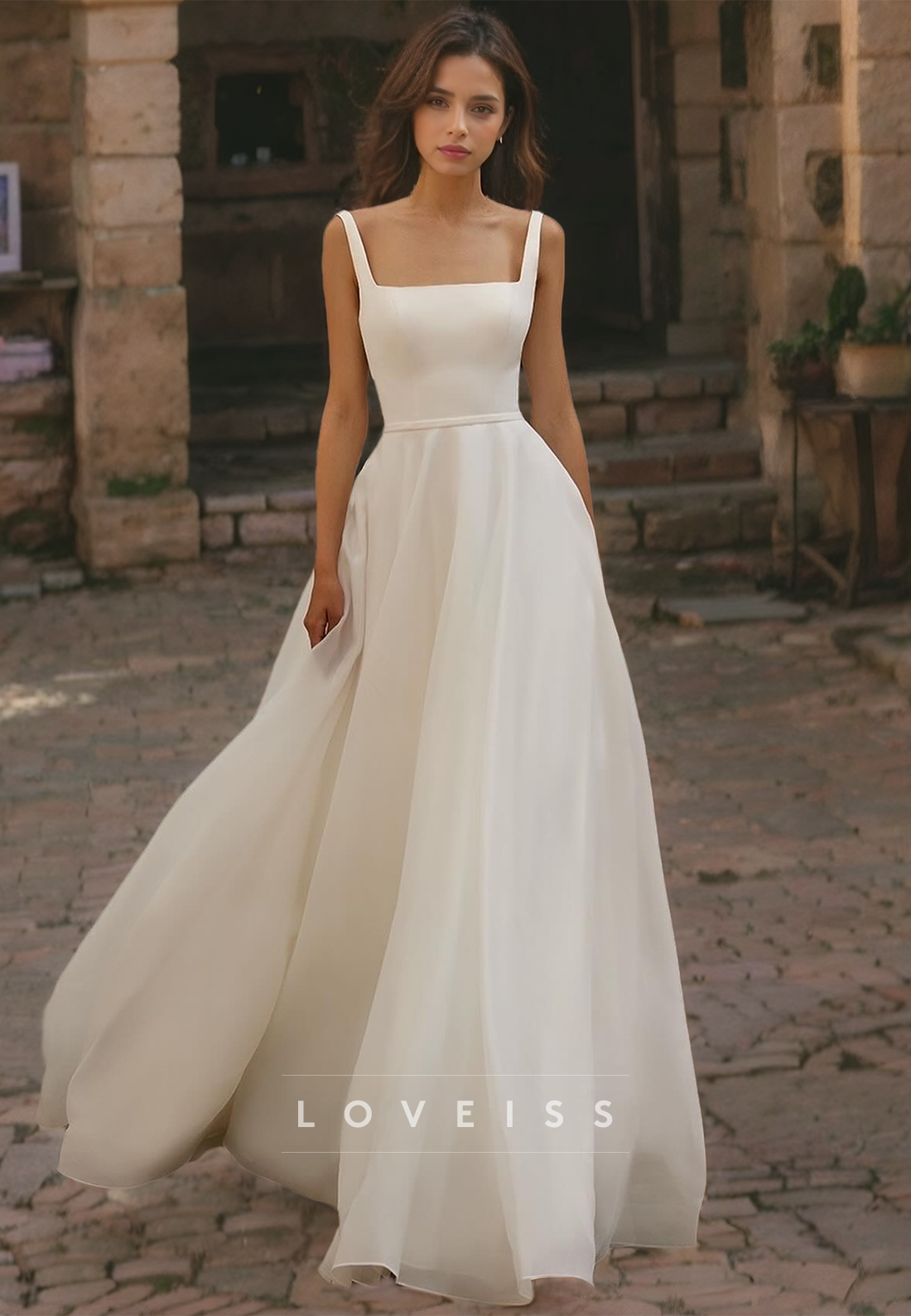 Square Sleeveless Straps Pleated A-Line Wedding Dress