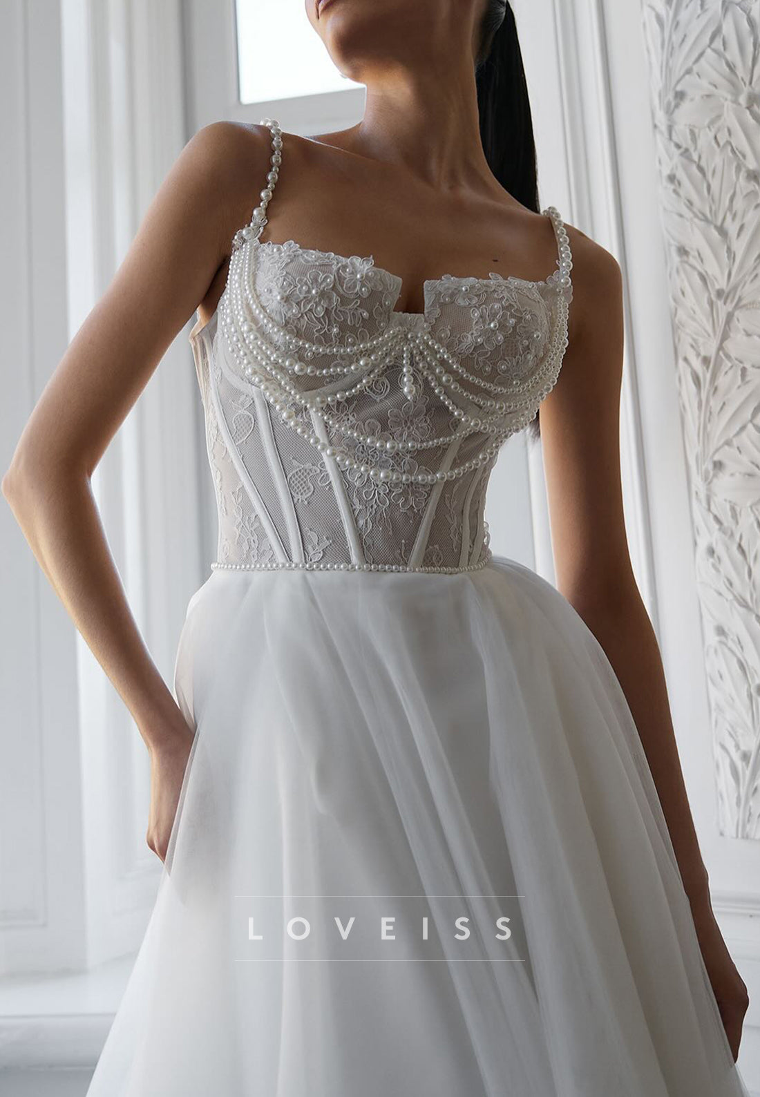 Square Spaghetti Straps Appliques Pearl A-Line Wedding Dress