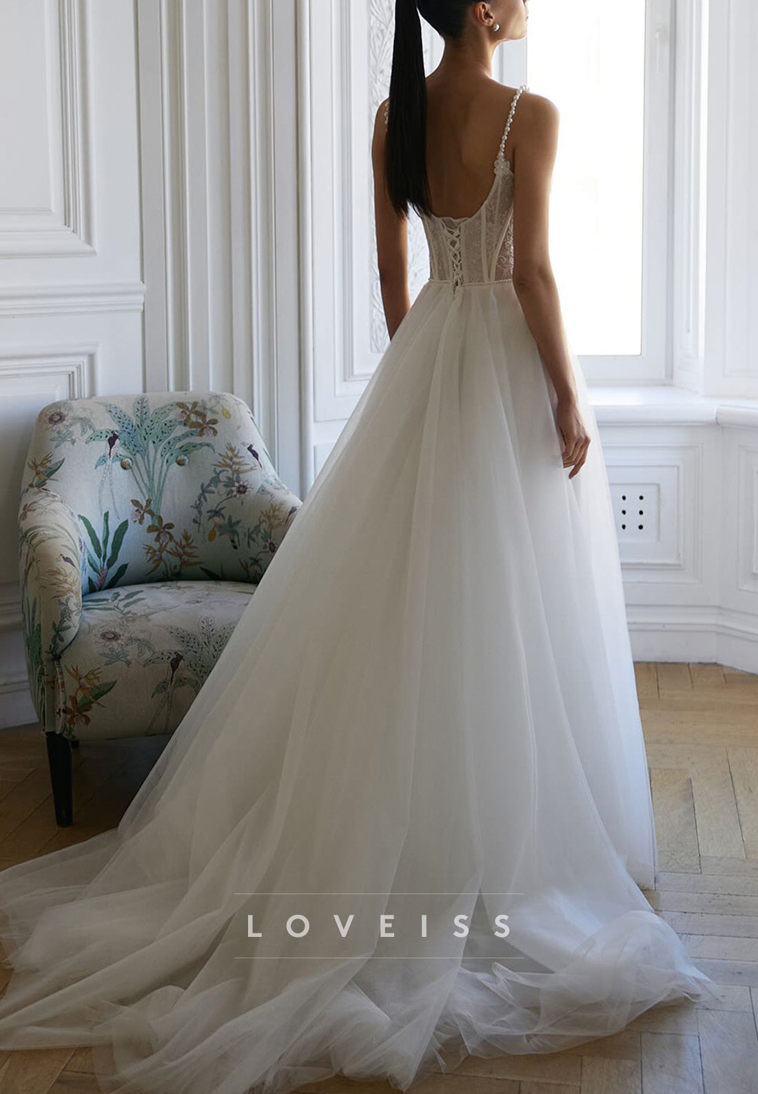 Square Spaghetti Straps Appliques Pearl A-Line Wedding Dress