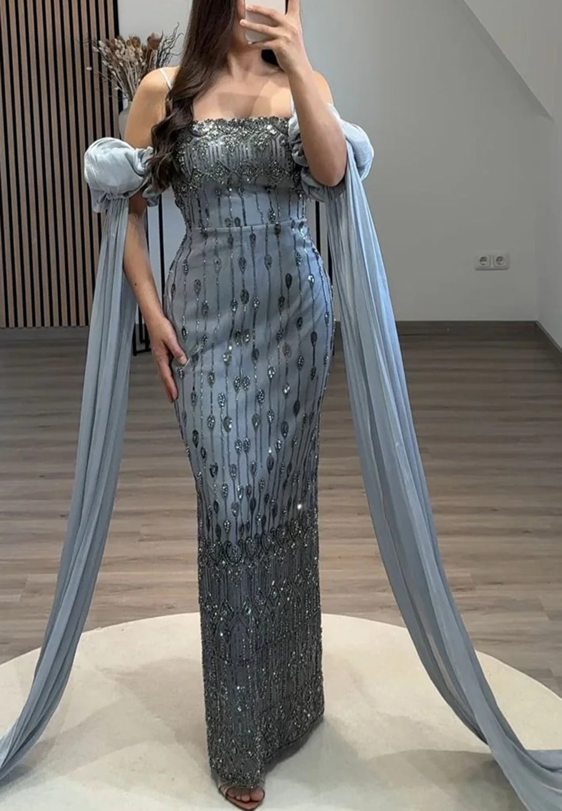 Square Spaghetti Straps Beaded Emboridery Sheath Formal Dress