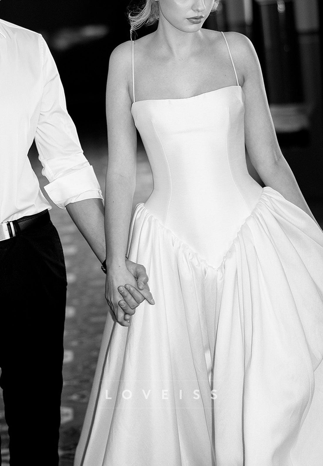 Square Spaghetti Straps Pleated A-Line Satin Wedding Dress