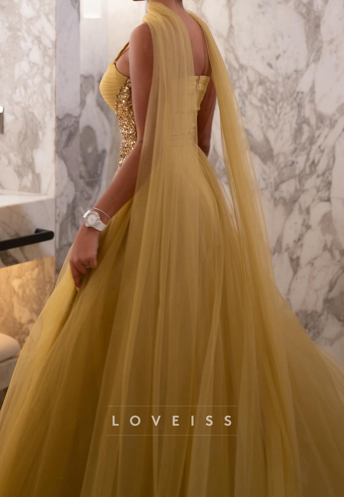 Square Spaghetti Straps Sequins Pleated Tulle A-Line Prom Dress