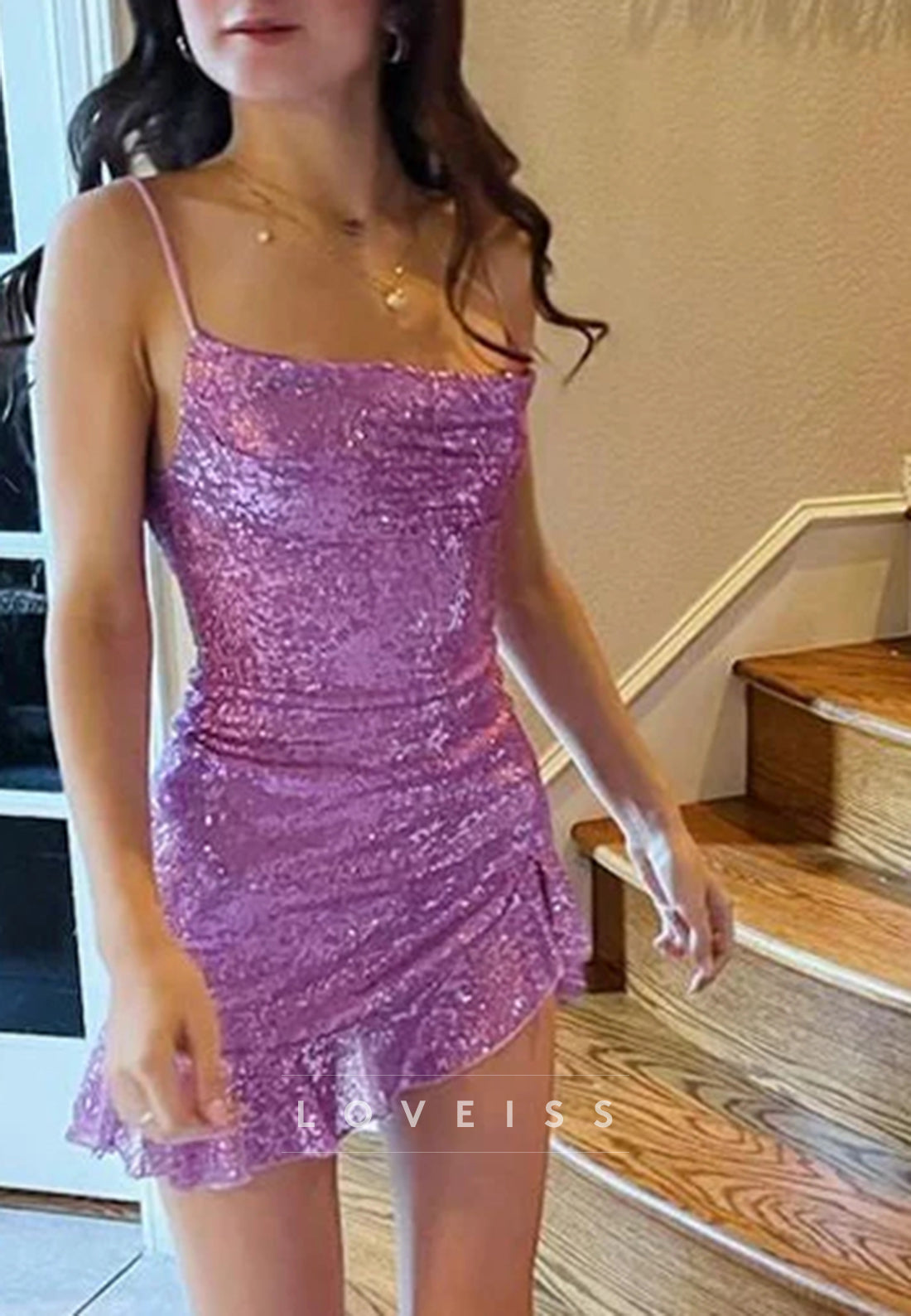 Square Spaghetti Straps Sequins Sheath Party Homecoming Dress