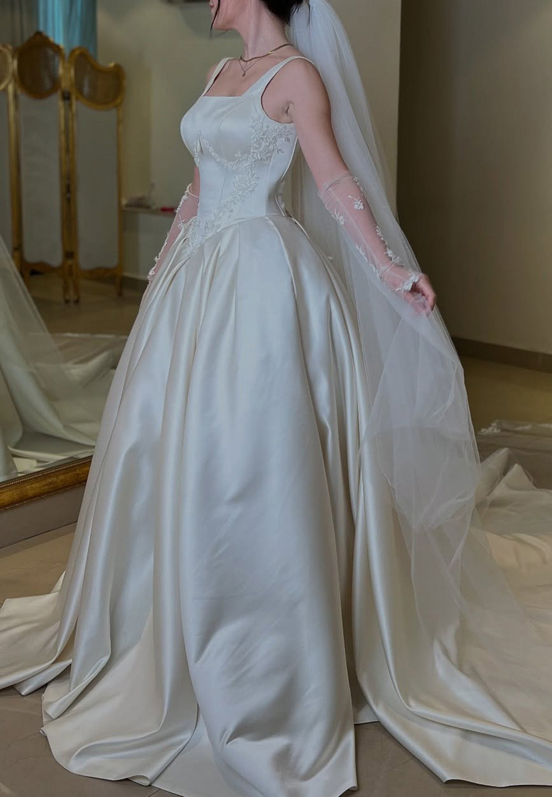 Square Straps Appliques Pleated A-Line Wedding Dress