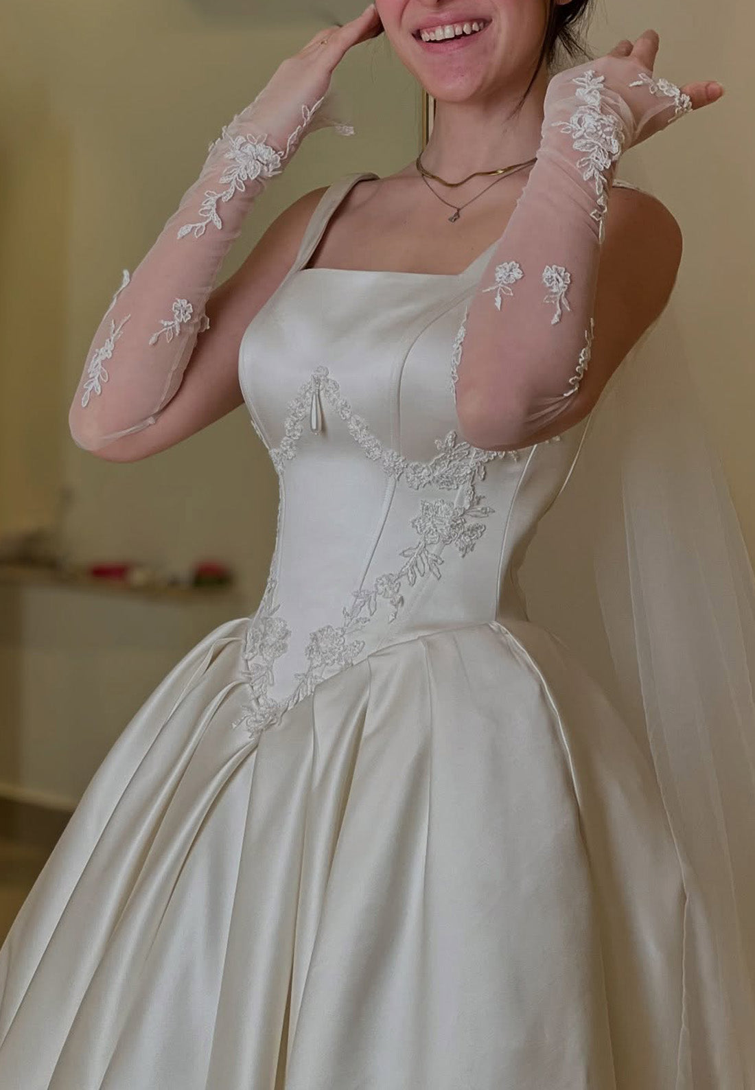 Square Straps Appliques Pleated A-Line Wedding Dress